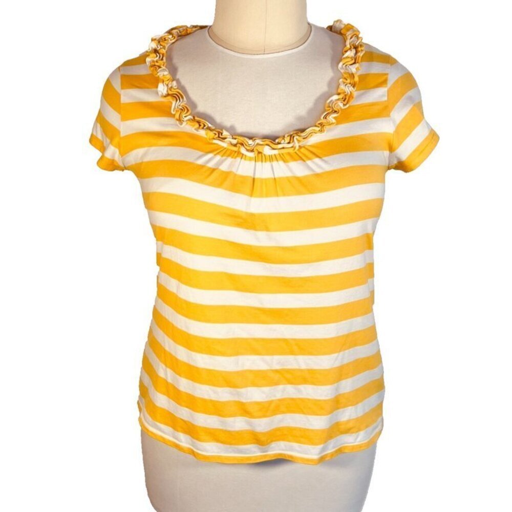 Grace Elements Tee Shirt Women's XL Cap Sleeve Gathered Scoop Neck Yellow Stripe